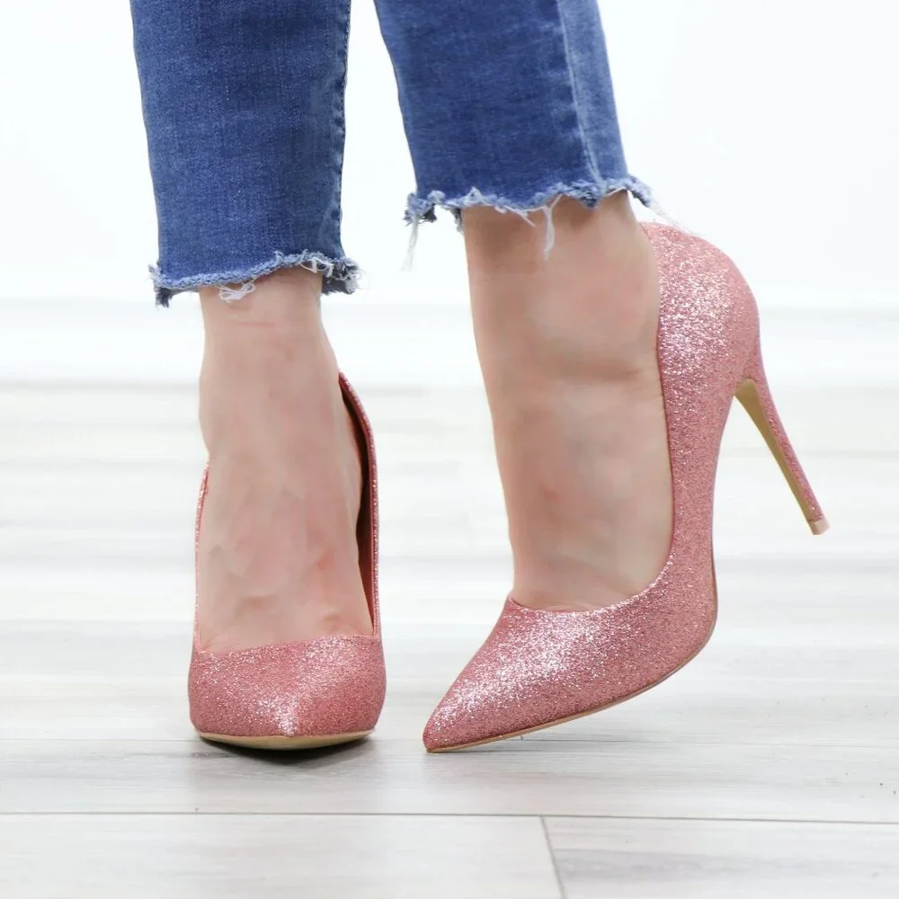 Pink Glitter Heels Pointed Toe Slip On Sparkly High Heel